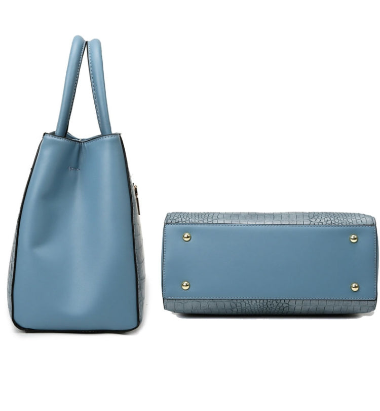 Women Stone Pattern Patchwork Handbag in blue, showcasing its elegant design and spacious interior.