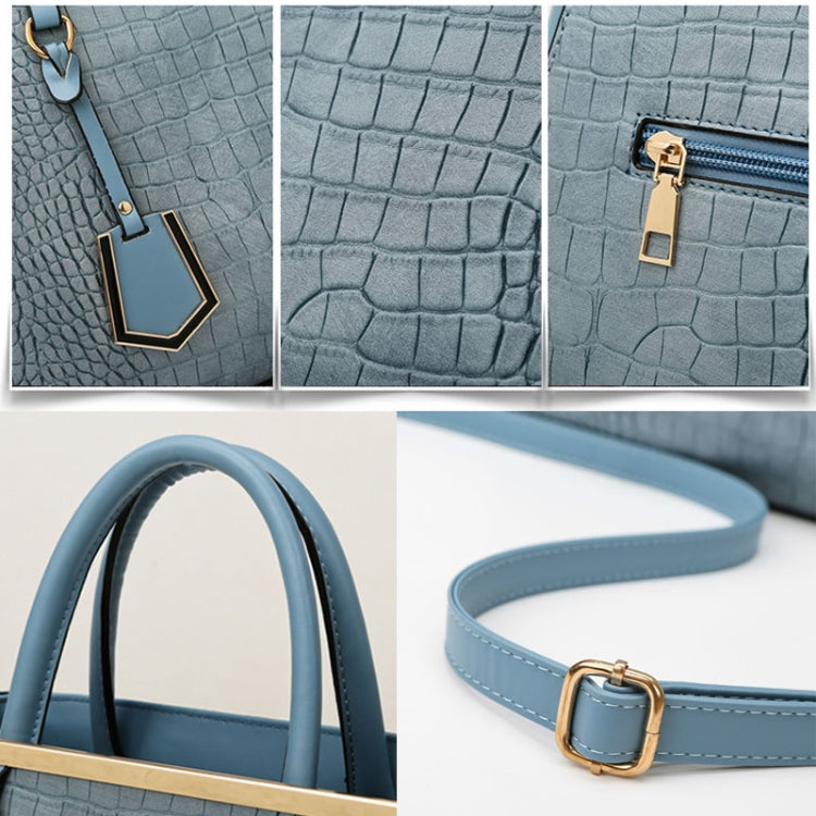 Women Stone Pattern Patchwork Handbag in blue, showcasing its elegant design and spacious interior.