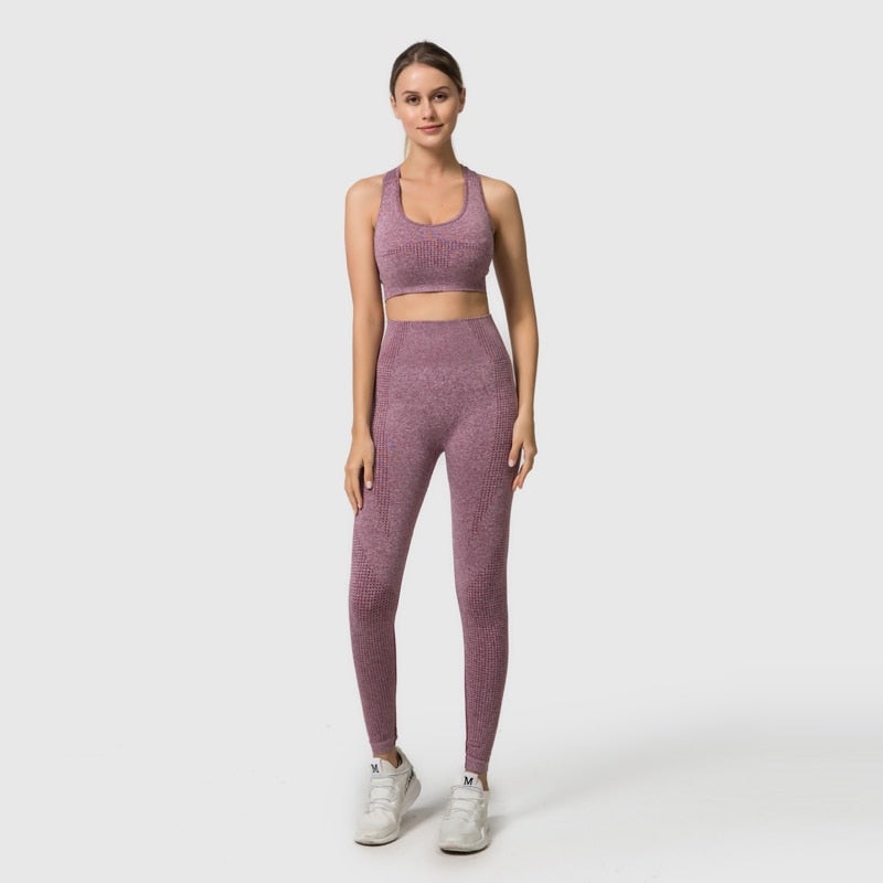 Women Vital Seamless Long Sleeve Yoga Set featuring a crop top and high waist leggings in various colors, designed for fitness and yoga.