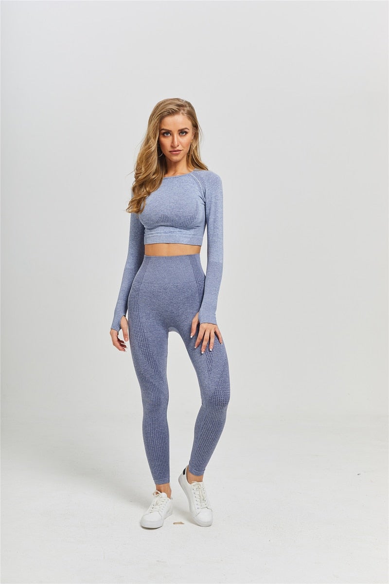 Women Vital Seamless Long Sleeve Yoga Set featuring a crop top and high waist leggings in various colors, designed for fitness and yoga.
