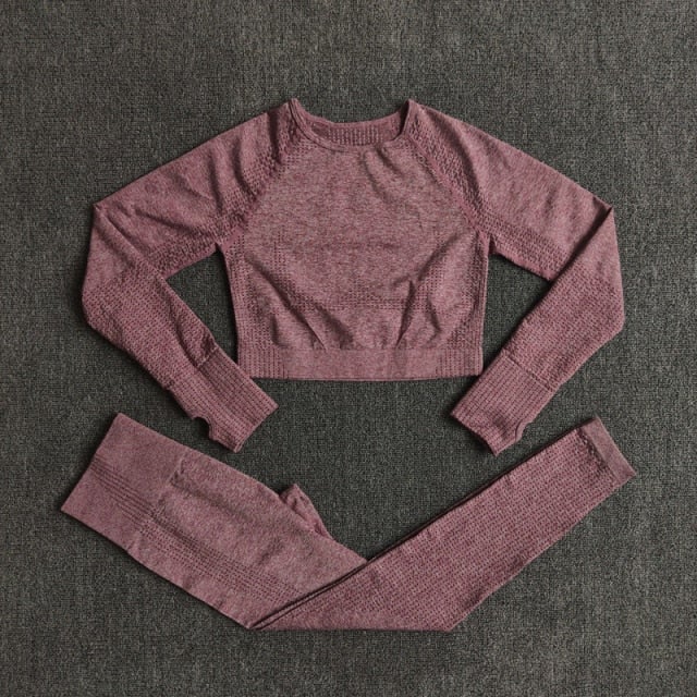Women Vital Seamless Long Sleeve Yoga Set featuring a crop top and high waist leggings in various colors, designed for fitness and yoga.