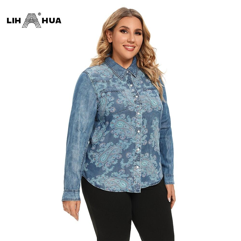 Women's plus size cotton woven denim shirt with button-up design and turn-down collar, featuring floral pattern and pockets.