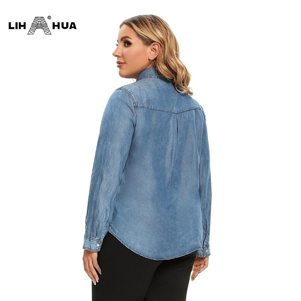 Women's plus size cotton woven denim shirt with button-up design and turn-down collar, featuring floral pattern and pockets.