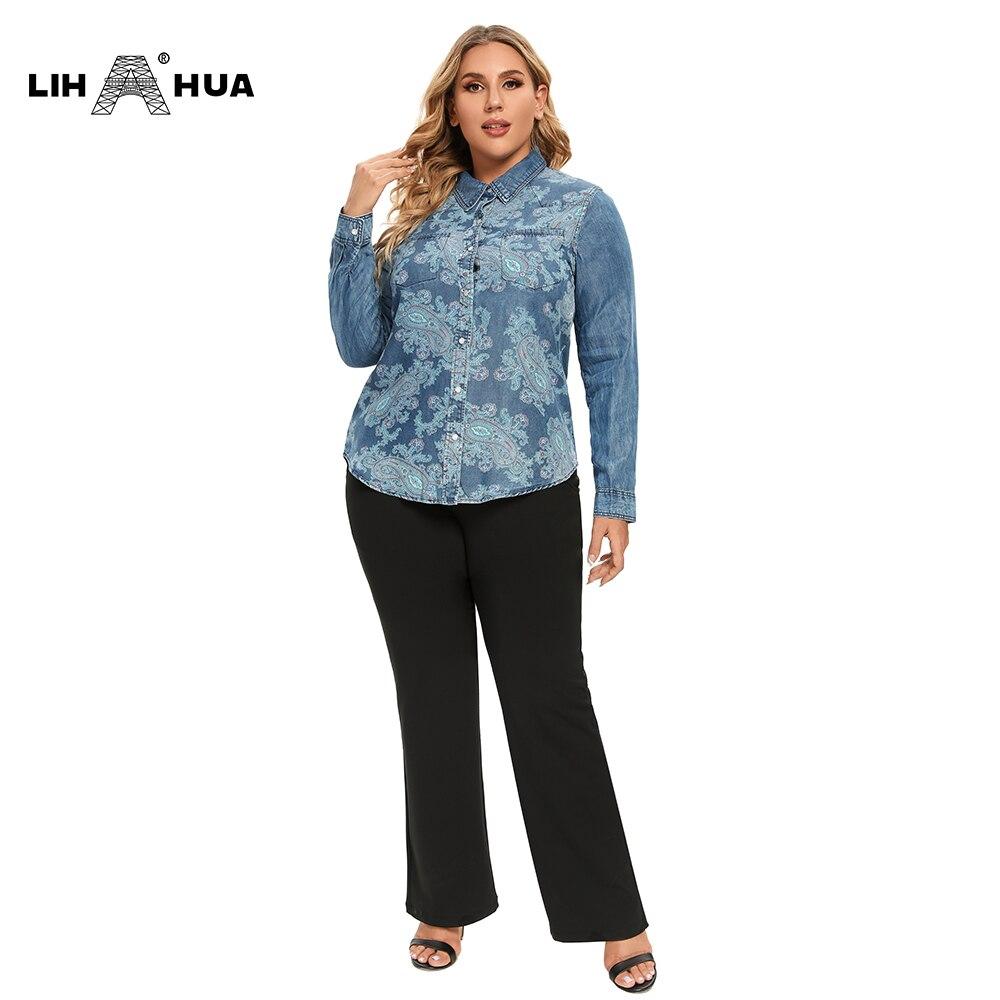 Women's plus size cotton woven denim shirt with button-up design and turn-down collar, featuring floral pattern and pockets.