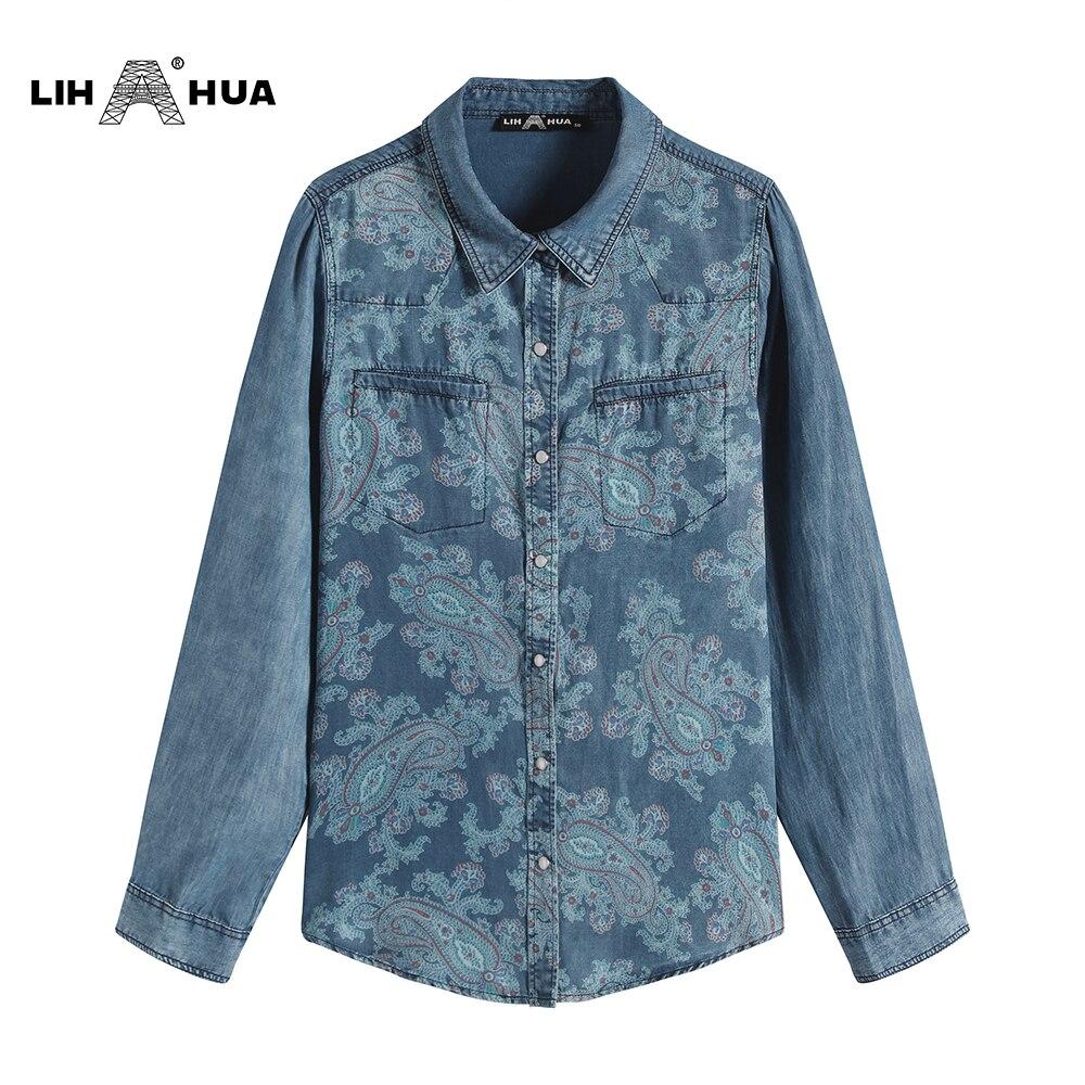 Women's plus size cotton woven denim shirt with button-up design and turn-down collar, featuring floral pattern and pockets.