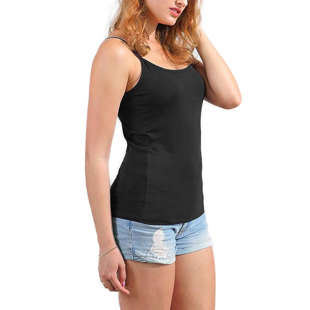 Women's Cotton Camisole with adjustable spaghetti straps and built-in padded shelf bra in black, white, and gray colors.