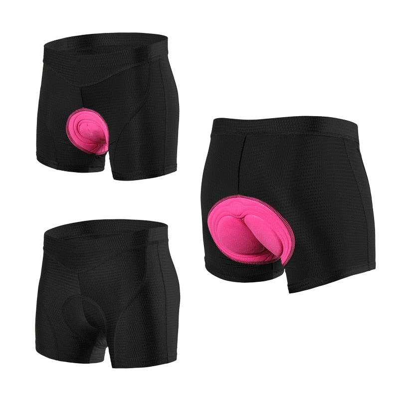 Women’s Cycling Shorts featuring 3D gel padding, available in pink, blue, purple, and black, designed for comfort and performance in cycling.