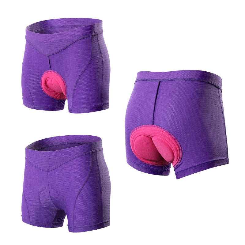 Women’s Cycling Shorts featuring 3D gel padding, available in pink, blue, purple, and black, designed for comfort and performance in cycling.