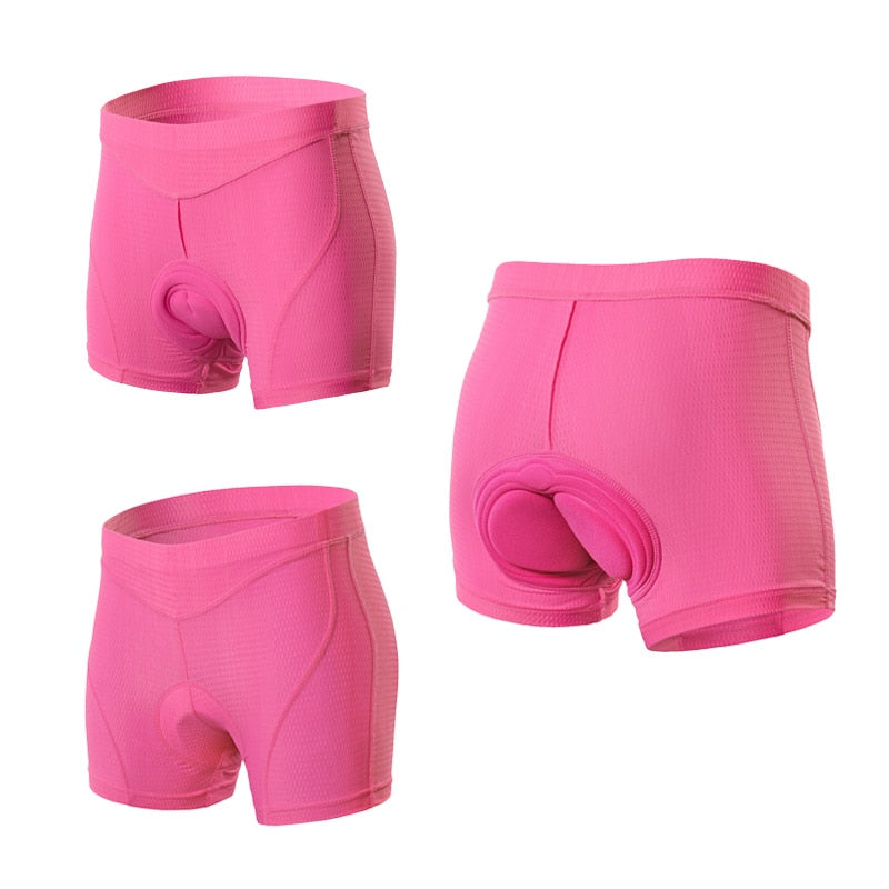 Women’s Cycling Shorts featuring 3D gel padding, available in pink, blue, purple, and black, designed for comfort and performance in cycling.