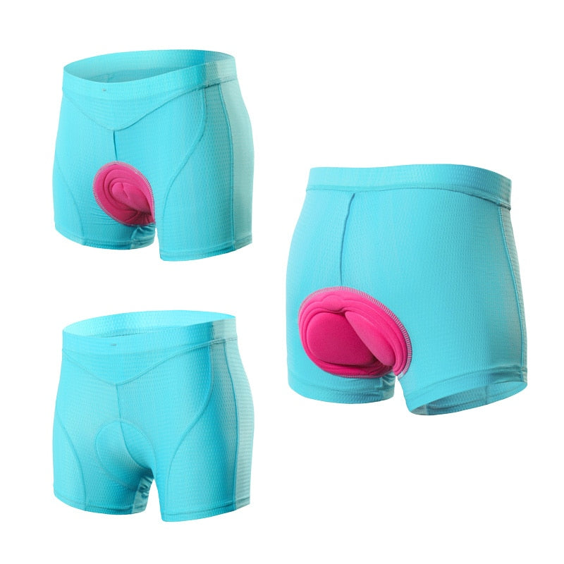 Women’s Cycling Shorts featuring 3D gel padding, available in pink, blue, purple, and black, designed for comfort and performance in cycling.