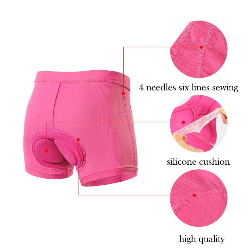 Women’s Cycling Shorts featuring 3D gel padding, available in pink, blue, purple, and black, designed for comfort and performance in cycling.