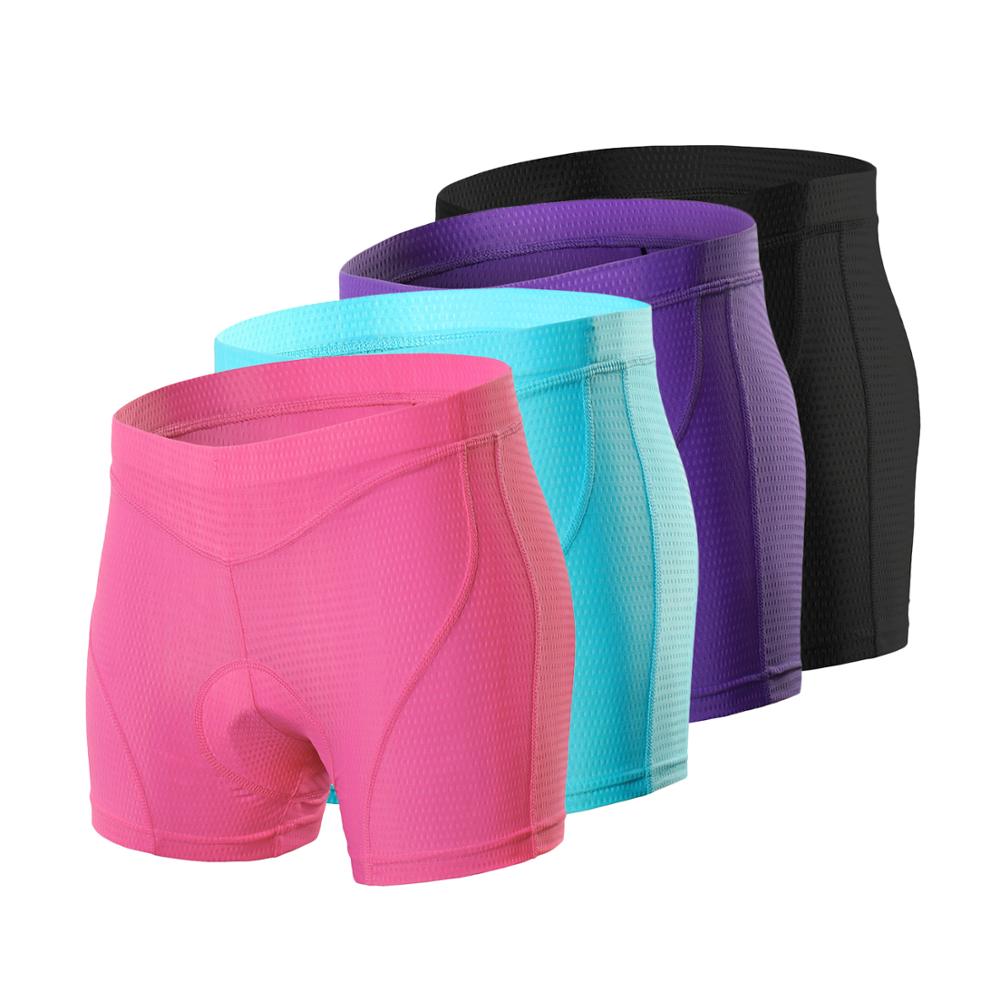 Women’s Cycling Shorts featuring 3D gel padding, available in pink, blue, purple, and black, designed for comfort and performance in cycling.