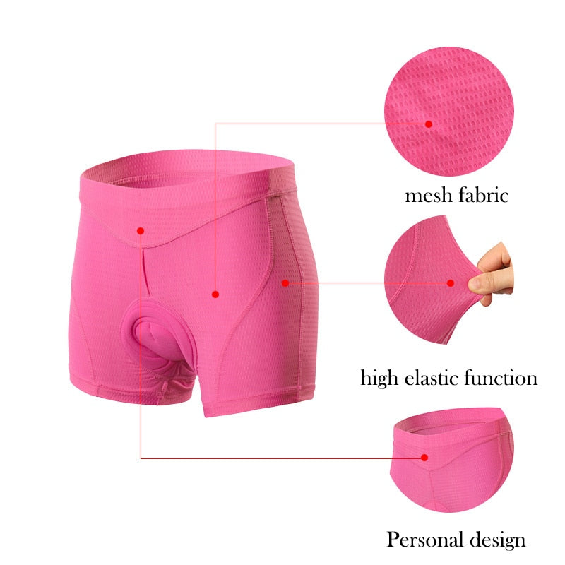 Women’s Cycling Shorts featuring 3D gel padding, available in pink, blue, purple, and black, designed for comfort and performance in cycling.