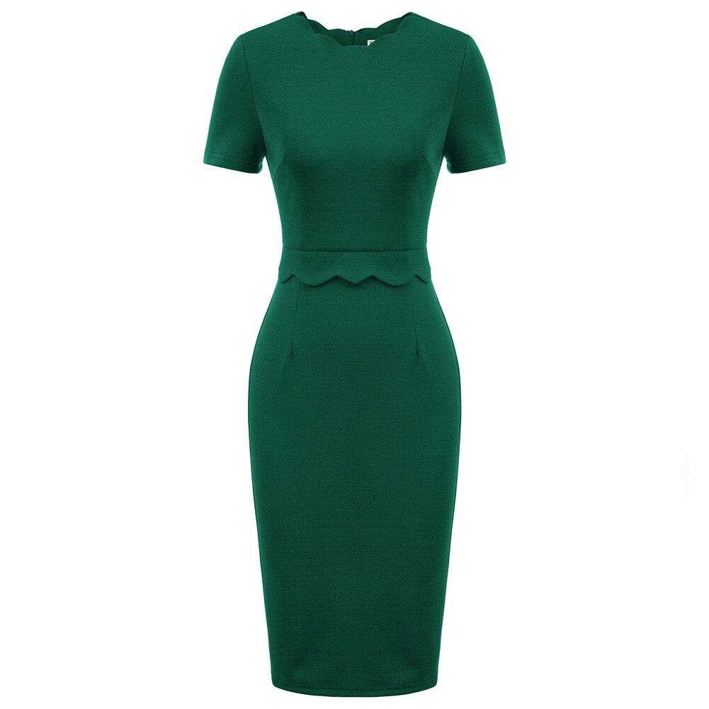 A stylish women's dress featuring a solid color, scalloped neckline, and hips-wrapped pencil silhouette, perfect for summer occasions.