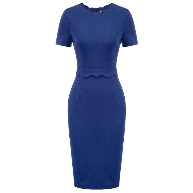 A stylish women's dress featuring a solid color, scalloped neckline, and hips-wrapped pencil silhouette, perfect for summer occasions.
