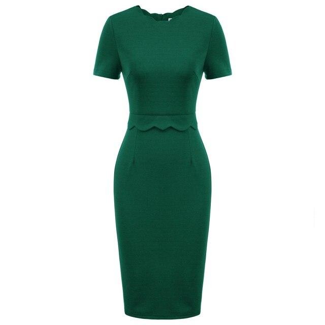 A stylish women's dress featuring a solid color, scalloped neckline, and hips-wrapped pencil silhouette, perfect for summer occasions.