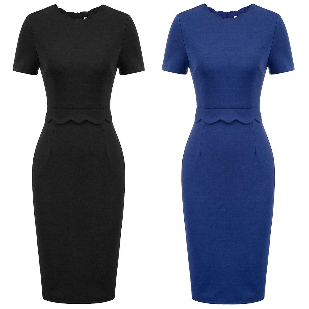 A stylish women's dress featuring a solid color, scalloped neckline, and hips-wrapped pencil silhouette, perfect for summer occasions.