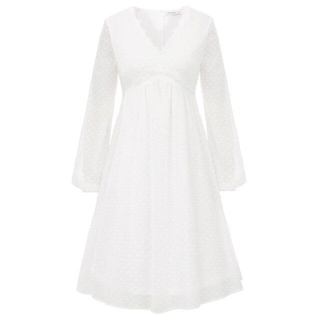 A stylish Women's V-Neck Empire Waist Swing Dress featuring full lantern sleeves and a flared A-line silhouette, perfect for summer occasions.