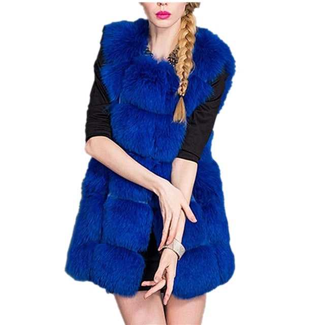 Women's faux fur vest coat in silver, featuring a warm V-neck design and luxurious faux fur material, perfect for winter fashion.