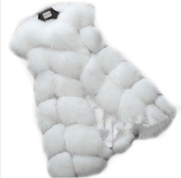 Women's faux fur vest coat in silver, featuring a warm V-neck design and luxurious faux fur material, perfect for winter fashion.