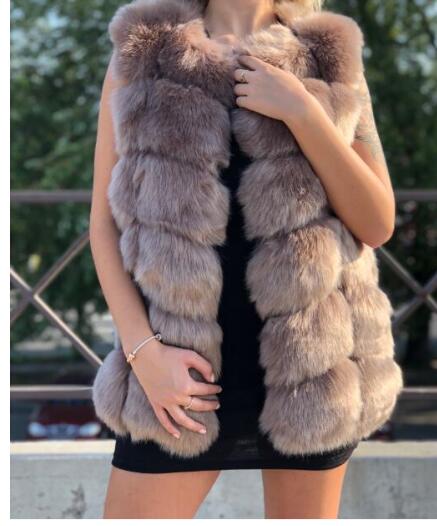 Women's faux fur vest coat in silver, featuring a warm V-neck design and luxurious faux fur material, perfect for winter fashion.