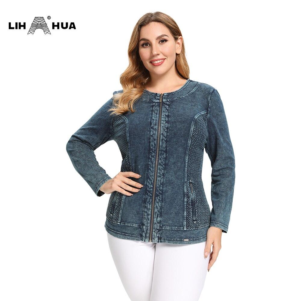 A stylish plus size women's denim jacket featuring embroidery, pockets, and a zipper closure, perfect for autumn wear.