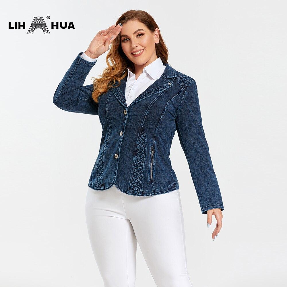 A stylish plus size women's casual denim jacket featuring a V-neck collar, full sleeves, and functional pockets, made from premium stretch fabric.
