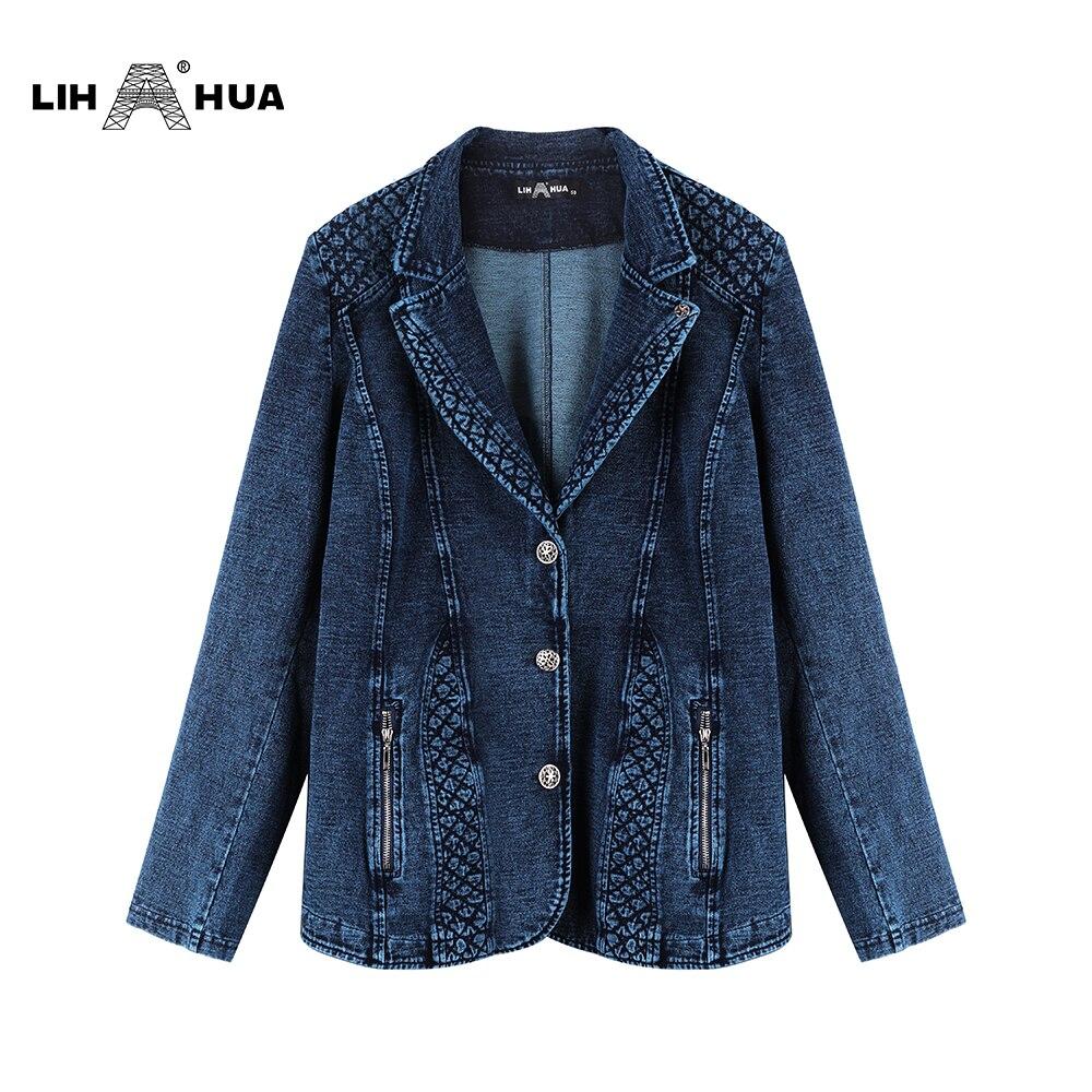 A stylish plus size women's casual denim jacket featuring a V-neck collar, full sleeves, and functional pockets, made from premium stretch fabric.