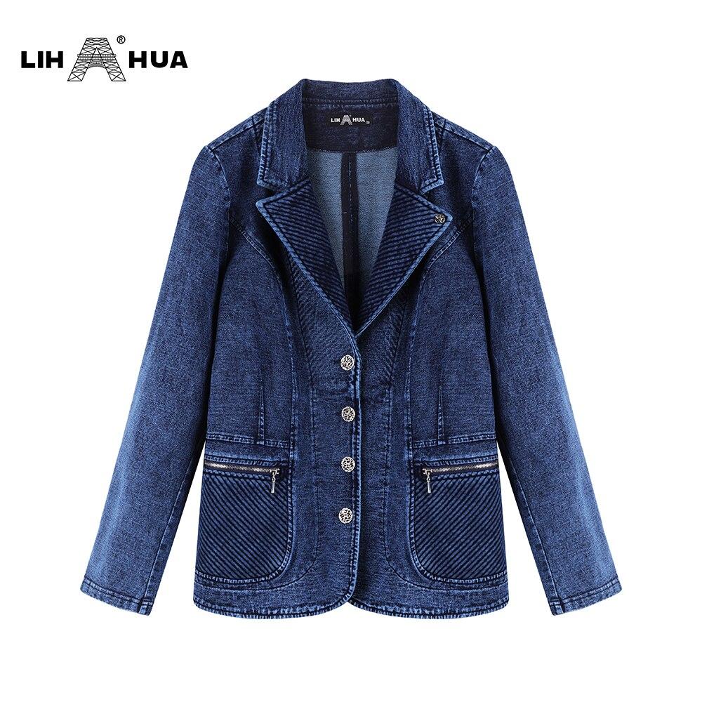 Women's Plus Size Tailored Denim Jacket in cotton and spandex, featuring pockets and zippers, perfect for office and casual wear.