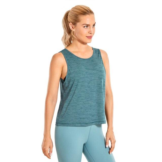Women's lightweight workout tank top in heather color, sleeveless design, perfect for athletic activities and casual wear.