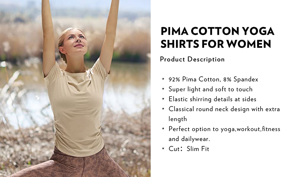 A stylish Women's Pima Cotton Short Sleeve Workout Shirt in a slim-fit design, featuring side shirring, perfect for yoga and workouts.