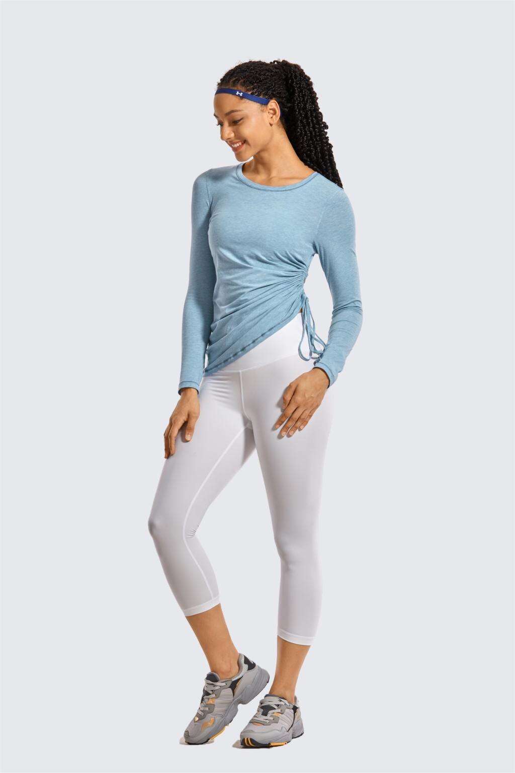 Women's long-sleeve Pima cotton workout shirt in crewneck style, ideal for gym and casual wear.