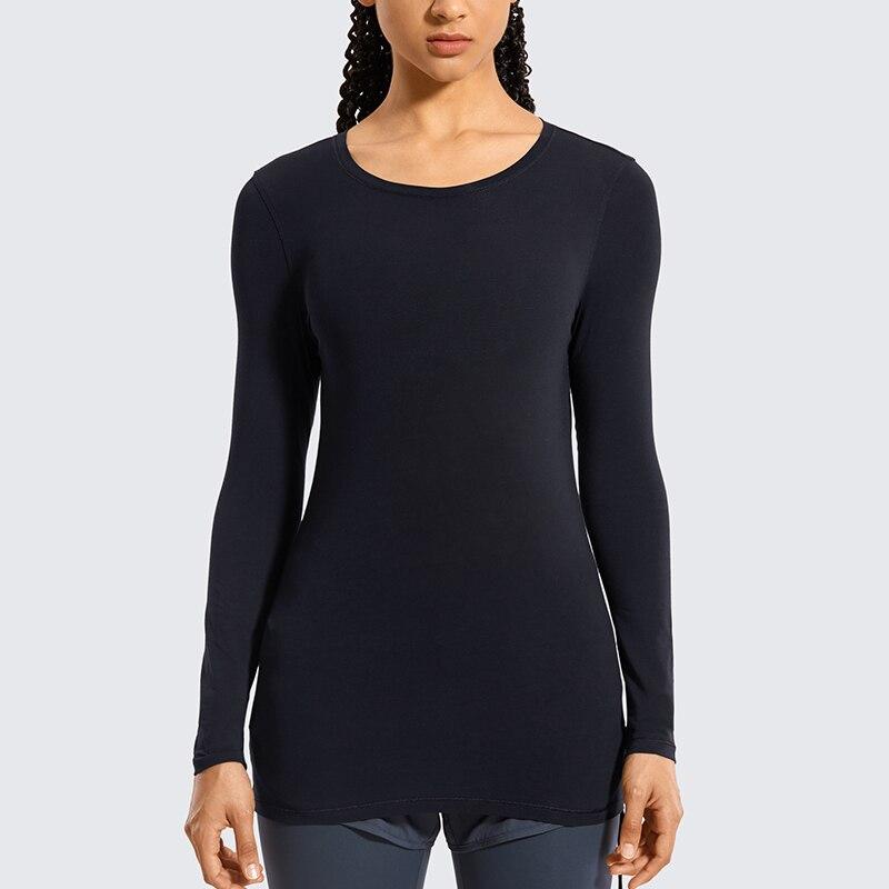 Women's long-sleeve Pima cotton workout shirt in crewneck style, ideal for gym and casual wear.