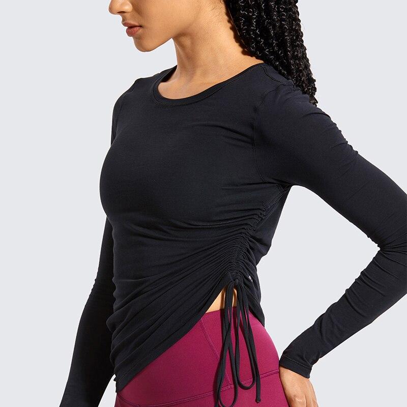 Women's long-sleeve Pima cotton workout shirt in crewneck style, ideal for gym and casual wear.