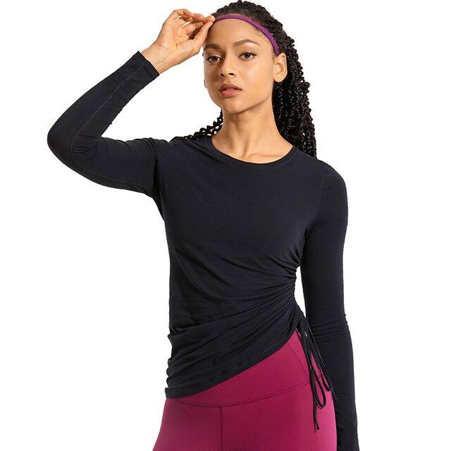 Women's long-sleeve Pima cotton workout shirt in crewneck style, ideal for gym and casual wear.
