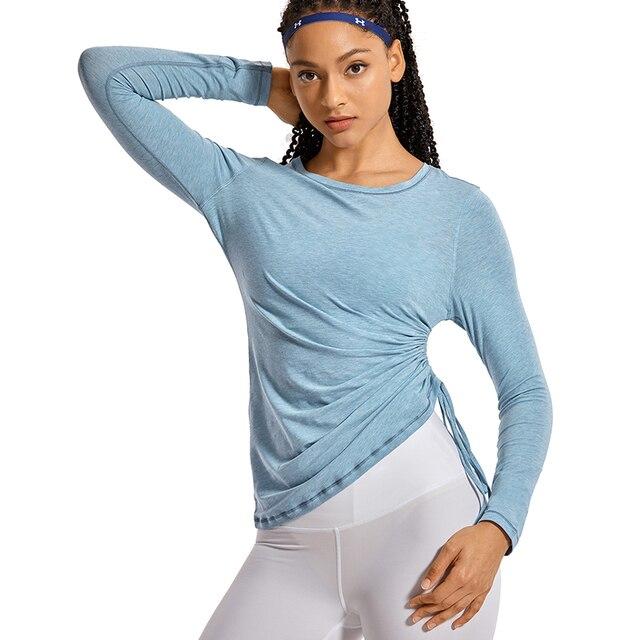Women's long-sleeve Pima cotton workout shirt in crewneck style, ideal for gym and casual wear.