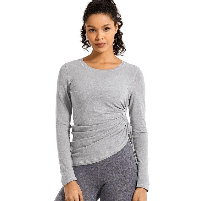 Women's long-sleeve Pima cotton workout shirt in crewneck style, ideal for gym and casual wear.