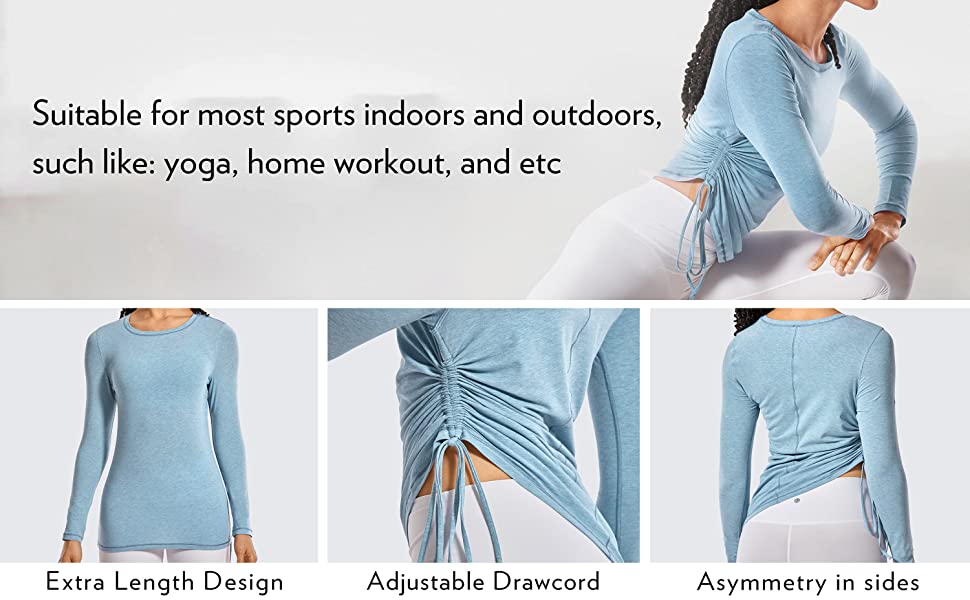 Women's long-sleeve Pima cotton workout shirt in crewneck style, ideal for gym and casual wear.