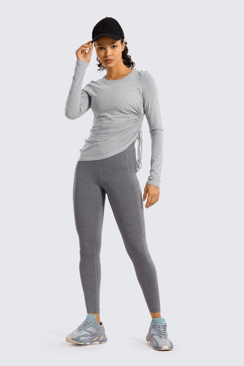 Women's long-sleeve Pima cotton workout shirt in crewneck style, ideal for gym and casual wear.