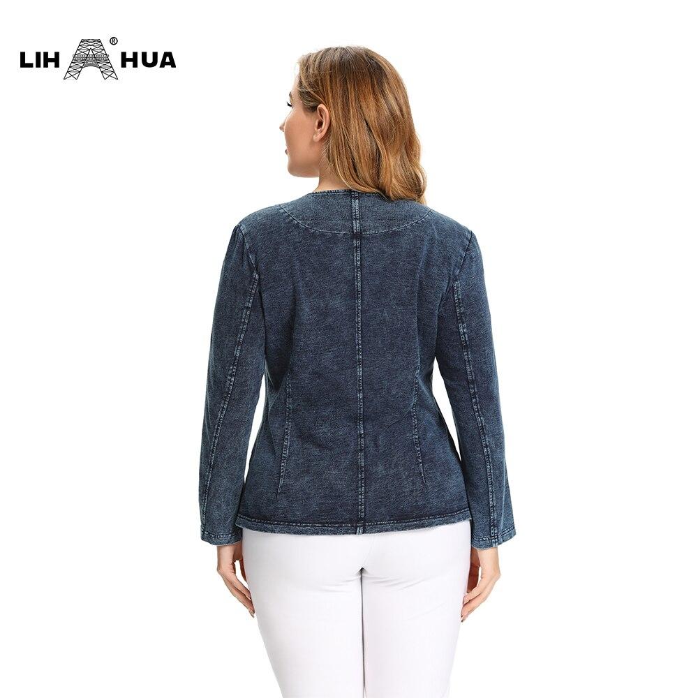 A stylish Women's Plus Size Autumn Casual Denim Jacket made from high flexibility cotton, featuring a solid pattern and zipper closure.