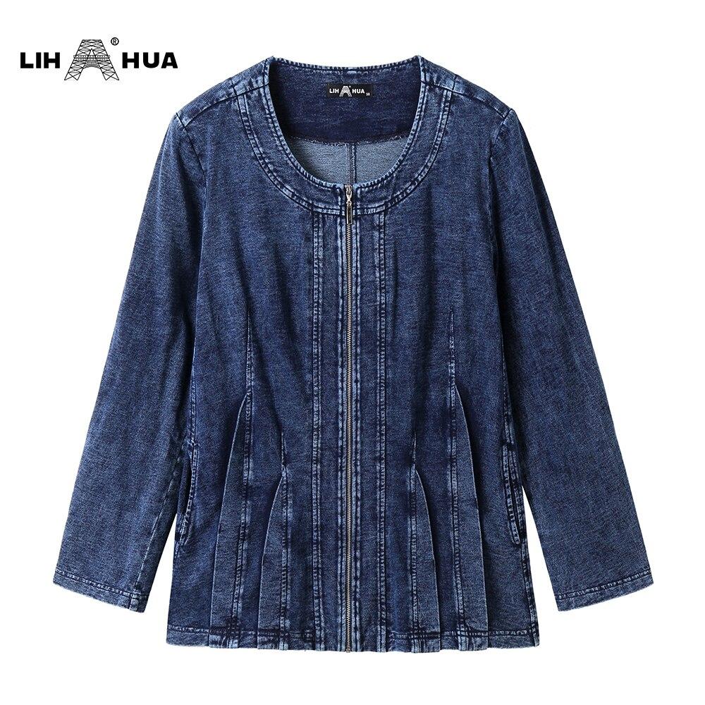 A stylish Women's Plus Size Autumn Casual Denim Jacket made from high flexibility cotton, featuring a solid pattern and zipper closure.