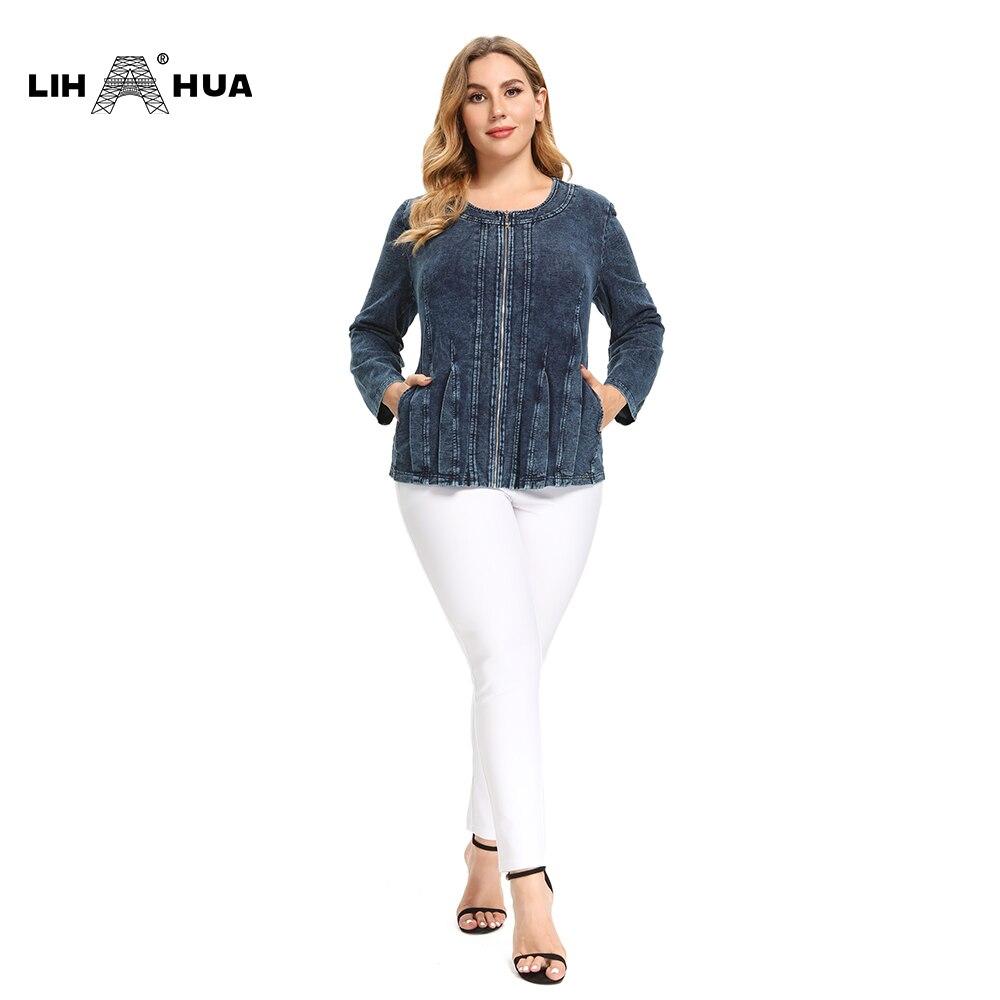 A stylish Women's Plus Size Autumn Casual Denim Jacket made from high flexibility cotton, featuring a solid pattern and zipper closure.