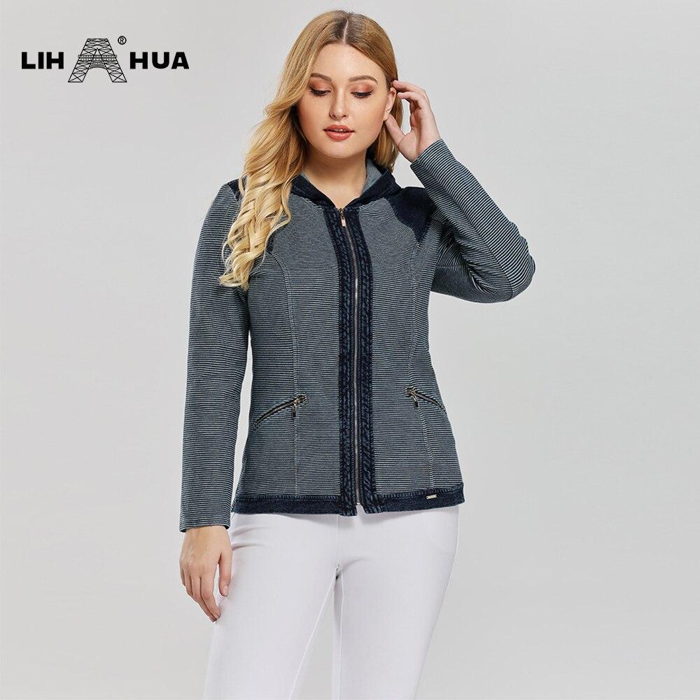 Women's Plus Size Casual Denim Jacket in striped pattern with shoulder pads and zipper closure, made from premium stretch knitted denim.