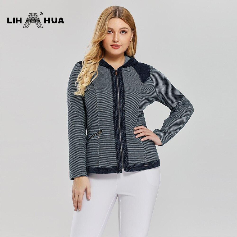 Women's Plus Size Casual Denim Jacket in striped pattern with shoulder pads and zipper closure, made from premium stretch knitted denim.