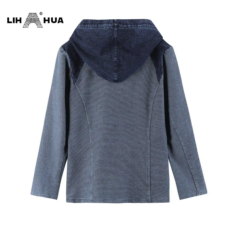 Women's Plus Size Casual Denim Jacket in striped pattern with shoulder pads and zipper closure, made from premium stretch knitted denim.