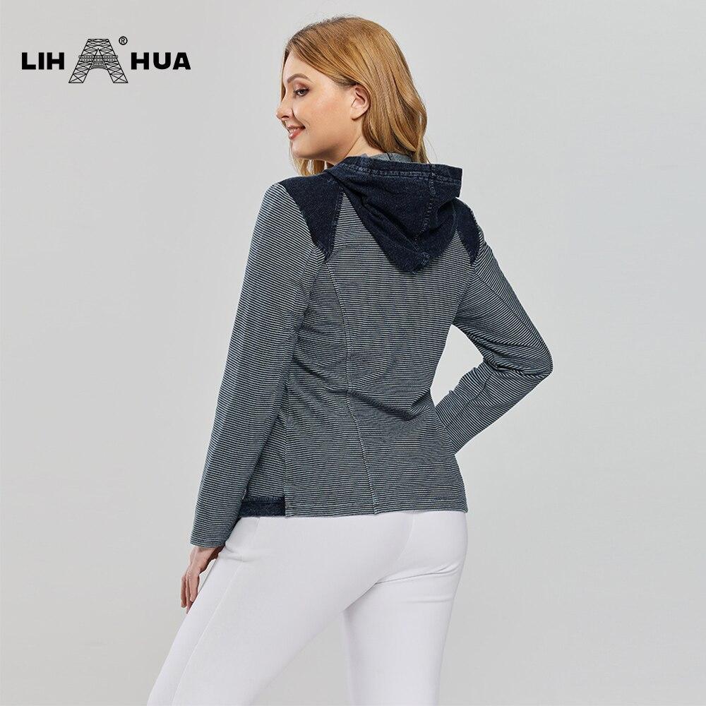 Women's Plus Size Casual Denim Jacket in striped pattern with shoulder pads and zipper closure, made from premium stretch knitted denim.