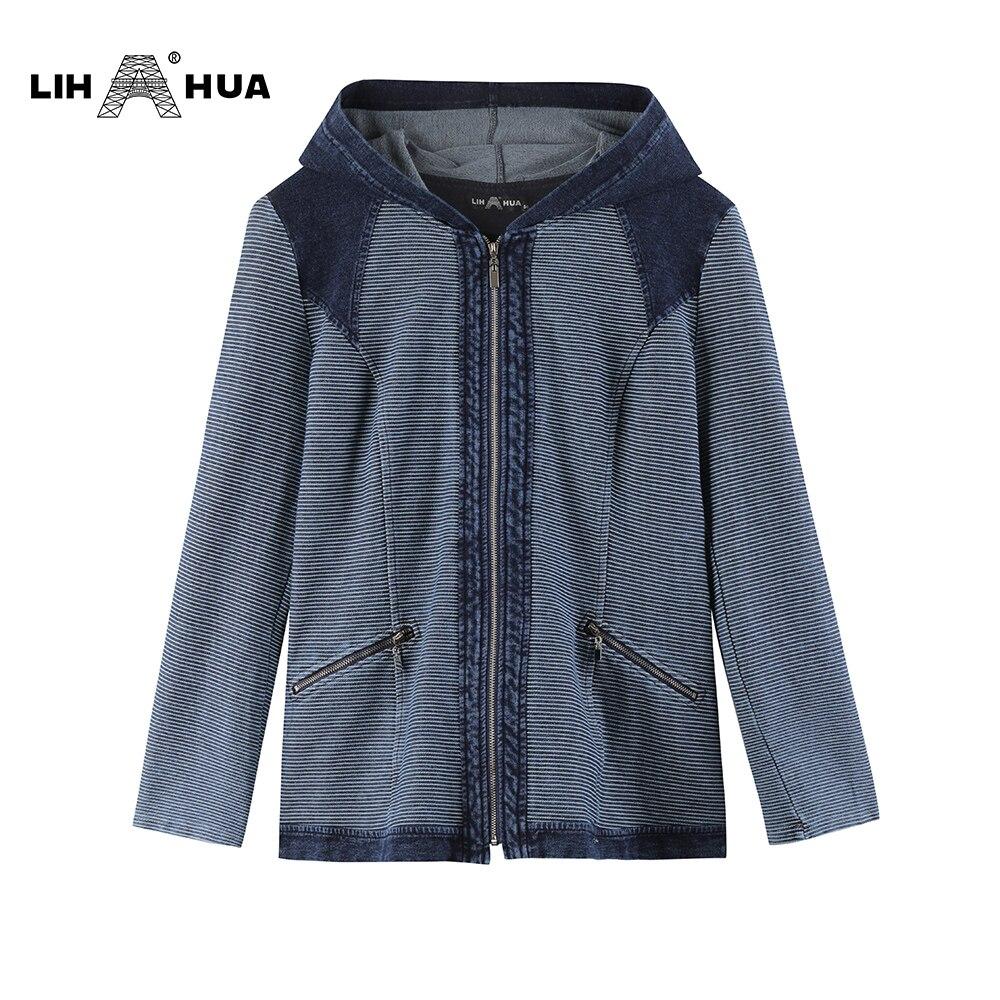 Women's Plus Size Casual Denim Jacket in striped pattern with shoulder pads and zipper closure, made from premium stretch knitted denim.