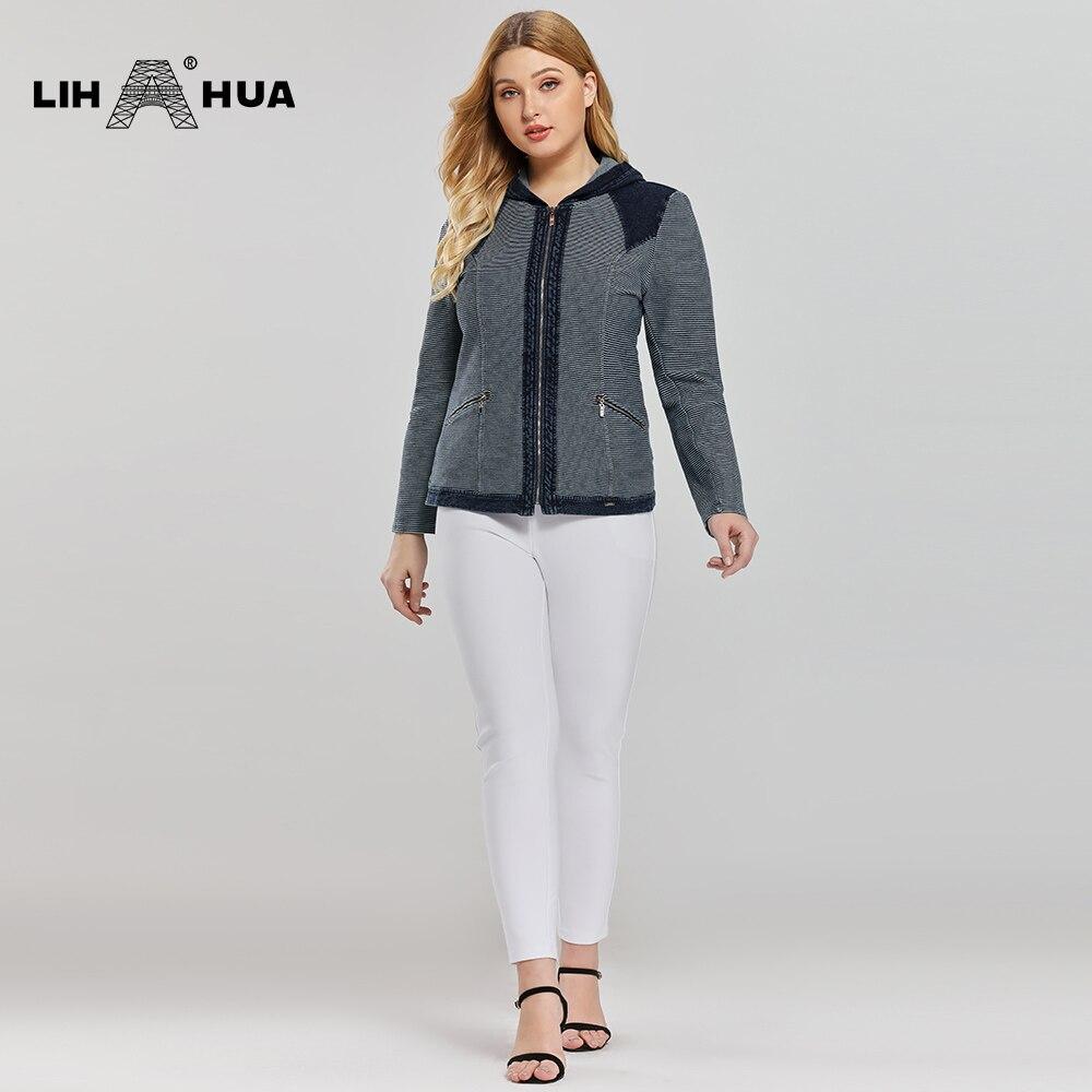 Women's Plus Size Casual Denim Jacket in striped pattern with shoulder pads and zipper closure, made from premium stretch knitted denim.