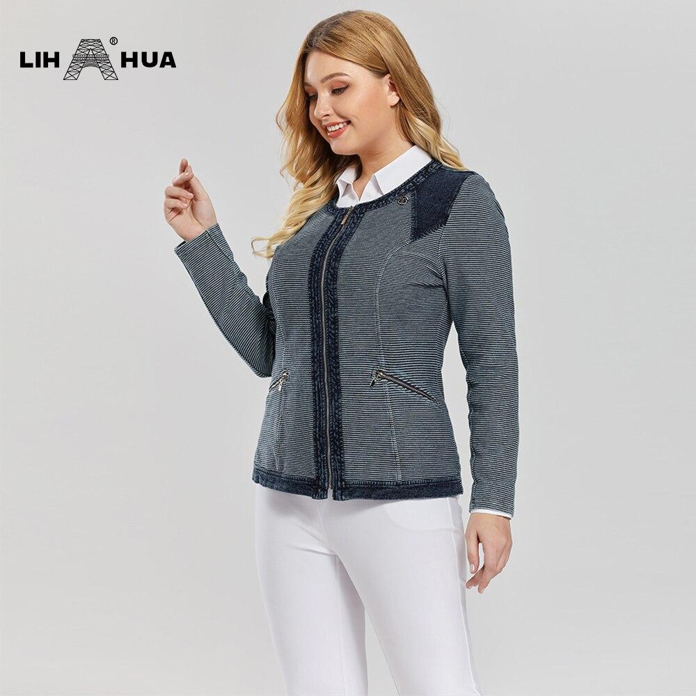 Women's Plus Size Casual Fashion Denim Jacket in striped pattern with shoulder pads and zippers, made from premium stretch knitted denim.