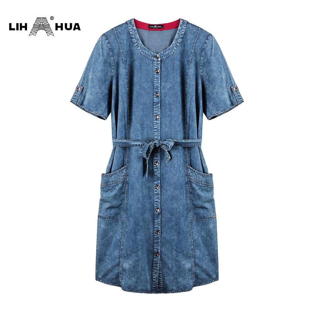 A stylish Women's Plus Size Denim Dress featuring a one-shoulder design, knee-length cut, and sashes, perfect for summer casual wear.